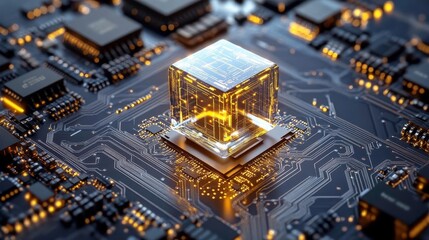 Glowing Tech Cube on Circuit Board - Artificial Intelligence (AI)