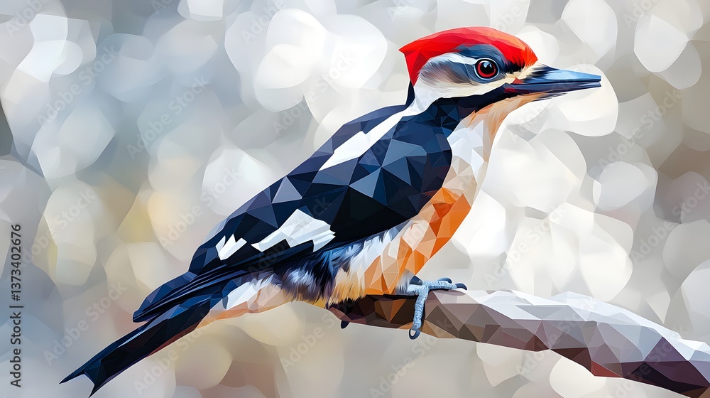 Poster minimalist geometric side profile of a woodpecker on a branch illustrated in a realistic artistic st