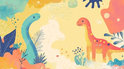41.A whimsical design with friendly dinosaur illustrations paired with colorful hand-drawn abstract forms, such as spirals, zigzags, and small plants, on a soft pastel yellow background.