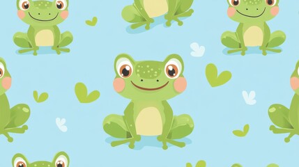 32.A seamless pattern featuring adorable cartoon frogs in various playful poses, with bright green bodies, rosy cheeks, and expressive eyes, set against a light blue background.
