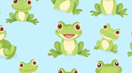 32.A seamless pattern featuring adorable cartoon frogs in various playful poses, with bright green bodies, rosy cheeks, and expressive eyes, set against a light blue background.