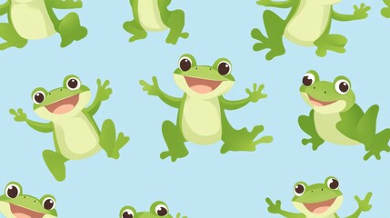 32.A seamless pattern featuring adorable cartoon frogs in various playful poses, with bright green bodies, rosy cheeks, and expressive eyes, set against a light blue background.