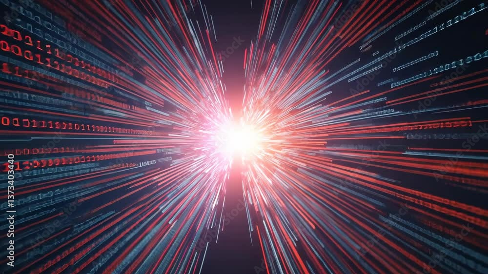 Poster Dynamic digital burst: emanating binary and data in red and blue light trails