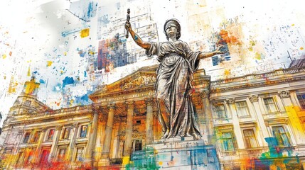Fototapeta premium Lady justice stands before a grand neoclassical building facade