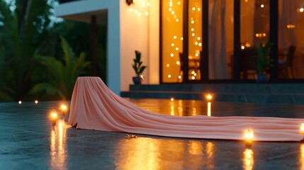 Romantic Evening  Pink Drape  Candles  Outdoor Patio Scene