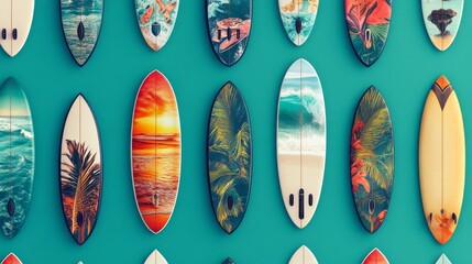 14.A seamless pattern featuring surfboards with photographic designs of tropical beaches, ocean waves, and sunsets, arranged in neat rows on a vibrant teal background.