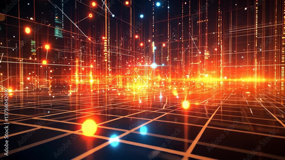 Poster dynamic neon grid with futuristic digital light patterns and vibrant energy pulses