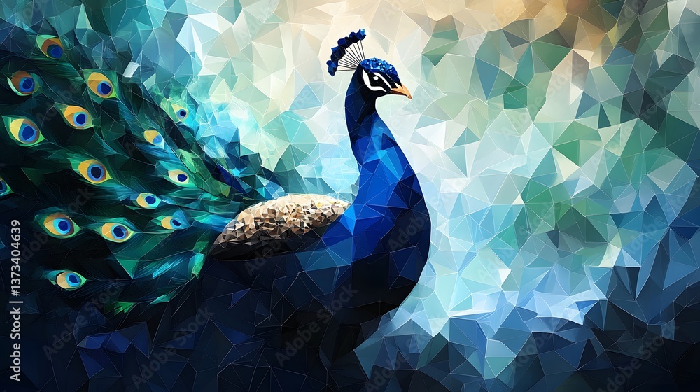 Poster elegant abstract polygonal minimalist representation of a peacock in a realistic style with geometri