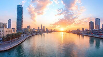 Obraz premium Stunning Sunset over Modern City Waterfront Skyline