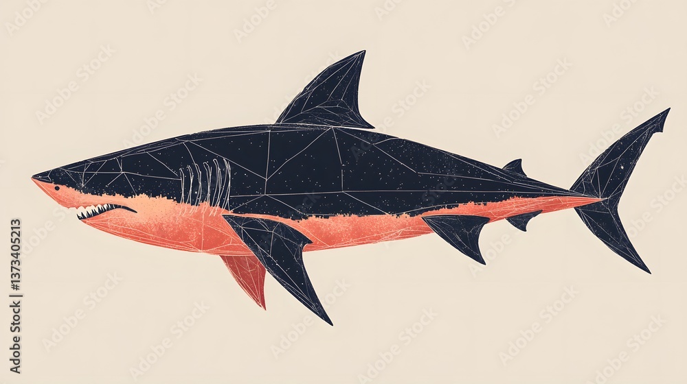 Poster abstract geometric illustration of a shark created with minimalist straight lines and a unique patte