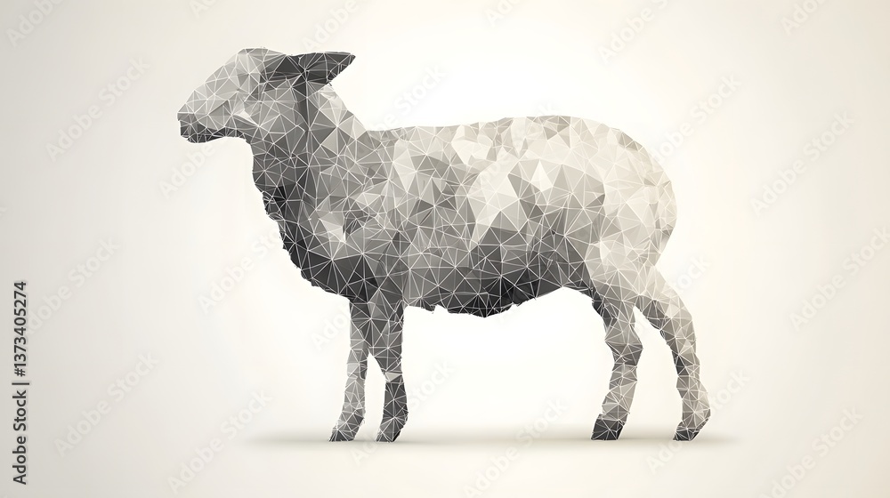 Aufkleber realistic illustration of a sheep made up of triangles in a minimalist style standing in a green fie