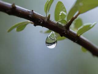 water drop on a tree branch with blurred green background