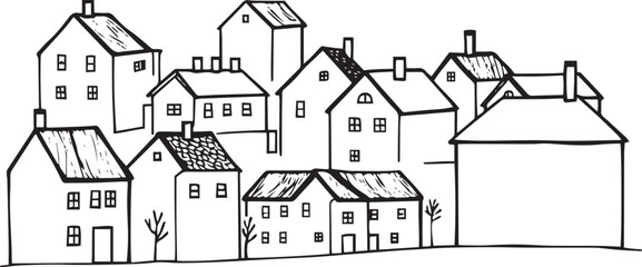 City landscape. Different buildings on street, outline cityscape hand sketch, flat houses. Hand drawn vector illustration