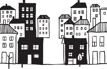 Obraz premium City landscape. Different buildings on street, outline cityscape hand sketch, flat houses. Hand drawn vector illustration