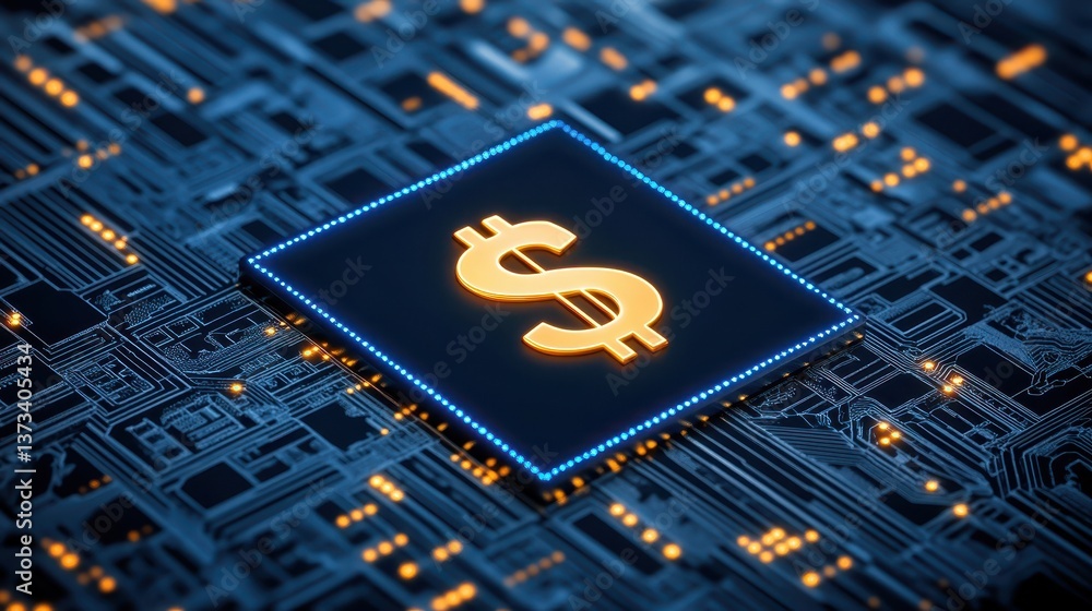 Poster dollar sign on circuit board, exploring the intersection of finance and technology in the digital ag