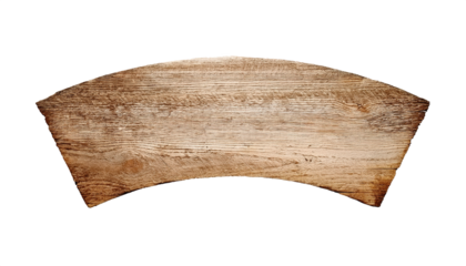 A wooden sign with a curved edge. The sign is brown and has a rustic feel. It could be used for a variety of purposes, such as advertising or decoration. The curved edge adds a sense of movement