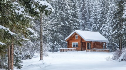 A charming log cabin nestled in a serene winter landscape, surrounded by snow-covered evergreen trees. The cabin features a cozy design with wooden logs, a sloped roof blanketed with snow, and icicles
