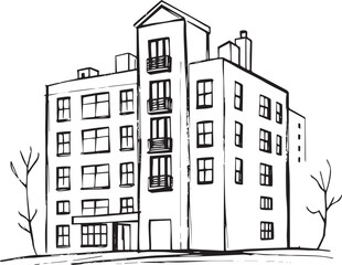 City landscape. Different buildings on street, outline cityscape hand sketch, flat houses. Hand drawn vector illustration