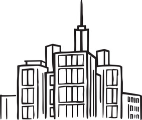 City landscape. Different buildings on street, outline cityscape hand sketch, flat houses. Hand drawn vector illustration