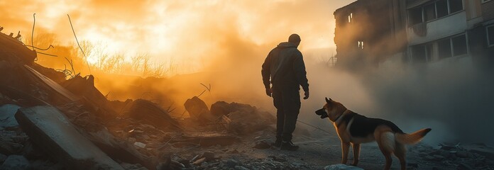 With the assistance of rescue dogs, searching through a devastated structure,