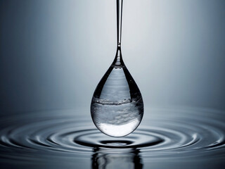 Drops of water before falling to the surface, close up of a water drop