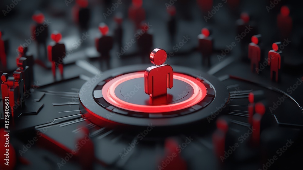 Poster intriguing visual, red button on a black circle encircled by red figures