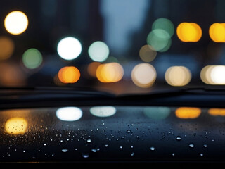 water drops clinging to a car window, lights in the night city