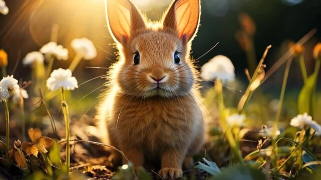 Cute baby bunny rabbit sitting in spring forest with first flowers