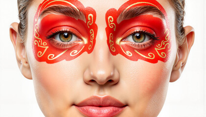 Obraz premium Woman with artistic red face paint displaying vibrant expression 