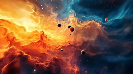 Cosmic energy flow: dynamic nebula with moving planets and vibrant starlit skies in deep space