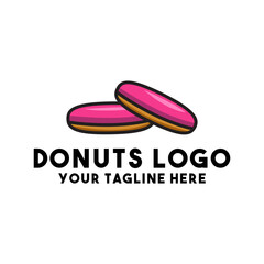 Simple donut logo design.  Stacked pink glazed donuts on a white background.  Space for custom tagline