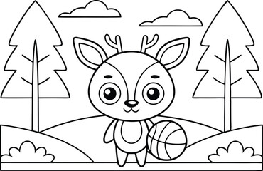 Cartoon Reindeer with Ball in Forest Line Art Style on Transparent Background