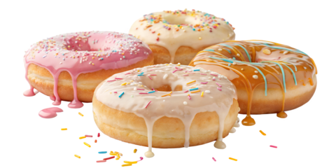 Sweet Treat Variety: A mouthwatering assortment of freshly baked donuts, each adorned with a unique colorful glaze and sprinkles, sits invitingly. A delicious and tempting treat