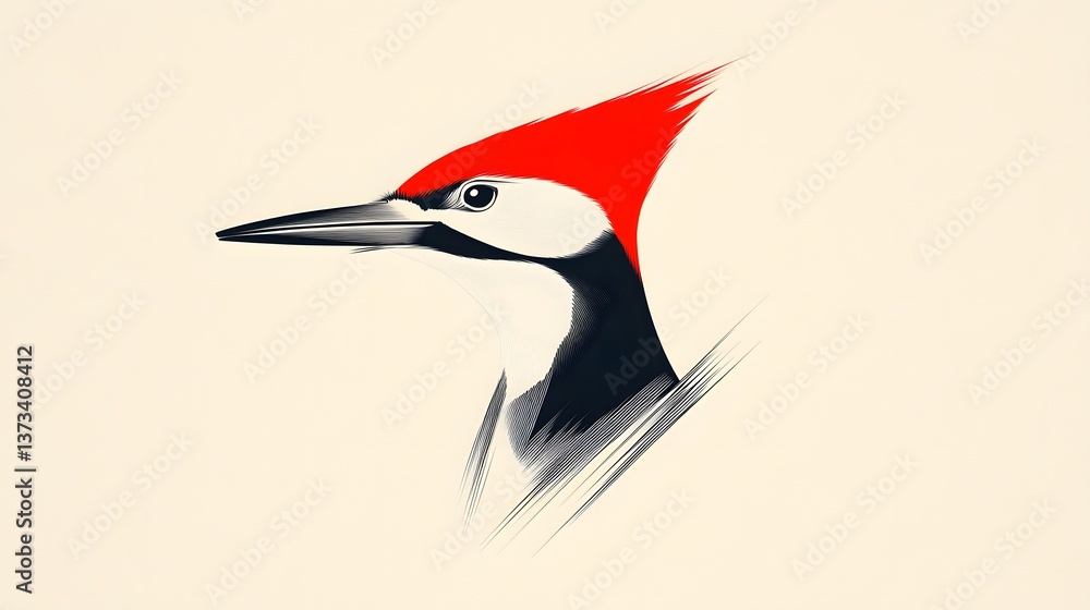 Poster minimalist illustration of a bird with a red head featuring straight lines to capture its unique cha