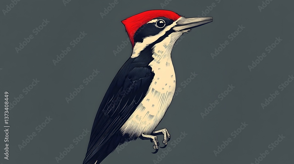 Poster whimsical illustration of a bird with a red hat rendered in a minimalist style using straight lines 