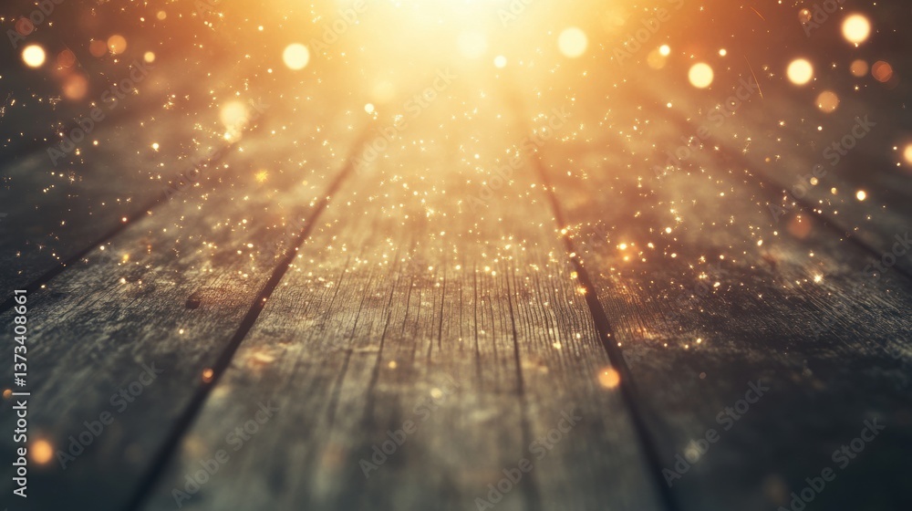 Poster sunset light filters through, illuminating a wooden floor with sparkling dust, creating an enchantin