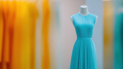 A beautiful blue dress stands elegantly on a mannequin in a boutique, surrounded by colorful dresses creating a vibrant atmosphere