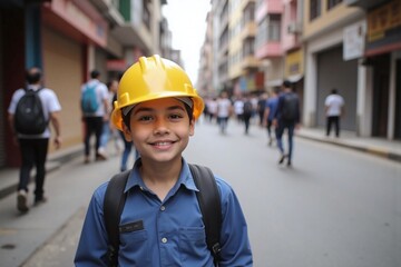 young boy wearing a hard hat and carrying a backpack