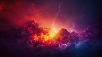 Fototapeta premium A powerful lightning storm strikes the sky as sunset colors blend through dark clouds, creating an intense and captivating atmosphere