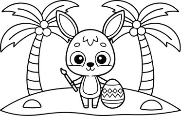 Cartoon Easter Bunny with Easter Egg on Tropical Island, Black Outline, Transparent Background
