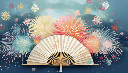 扇子と夜空に咲く華やかな花火