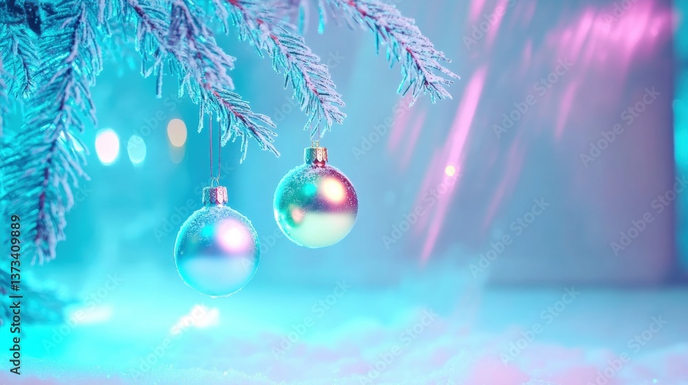 Poster brightly colored ornaments dangle from a snowy, frosted branch of a christmas tree, creating a festi