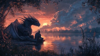 Obraz premium A fantastical scene depicting a majestic dragon resting beside a serene lake during sunset. The dragon's dark, scaled skin contrasts beautifully against the warm hues of the sky, filled with fluffy cl