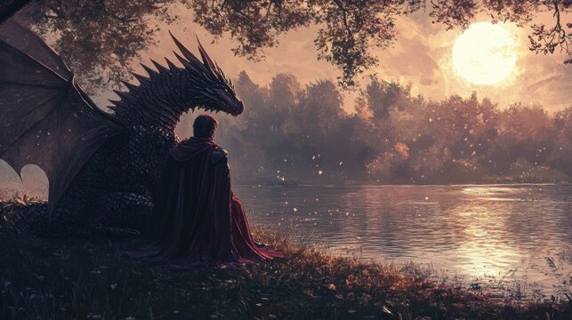 A serene scene depicting a majestic black dragon resting beside a cloaked figure, gazing at a tranquil river under a large, luminous full moon. The environment is lush with vibrant greenery, and soft,