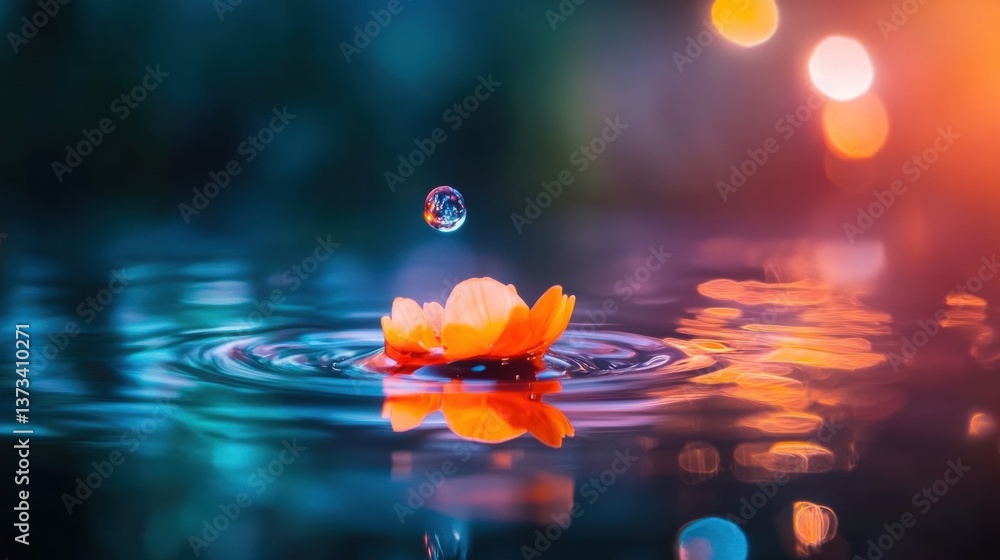 Poster a single droplet splashes onto a glowing flower floating in a calm pond during twilight, creating ri