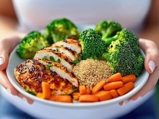Plate of Chicken, Quinoa, and Broccoli Held by Adult Female in White T-Shirt, Close-Up Shot  