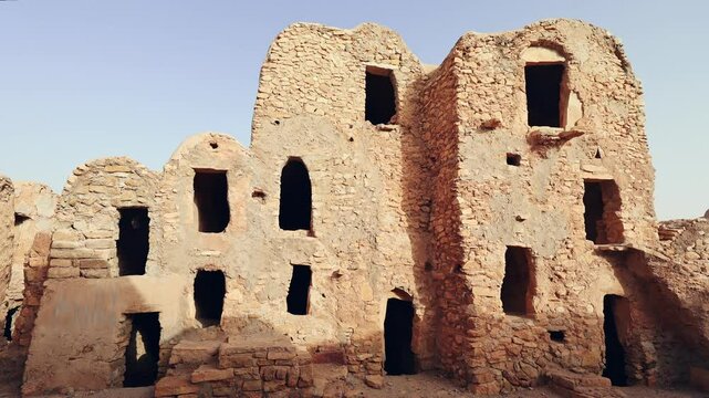 Ruins of ancient abandoned Berber granary structures in Ksar Daghar in Tunisia, standing as testament to traditional North African architecture