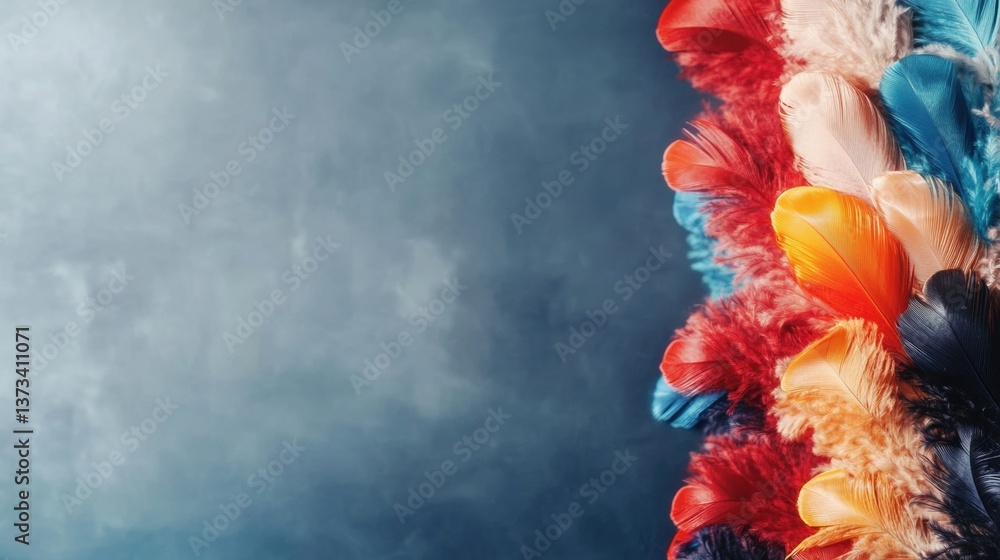 Poster vibrant feathers in various colors are displayed against a textured background, creating a lively an
