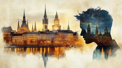 Naklejka premium Silhouette of a person with a european city skyline inside