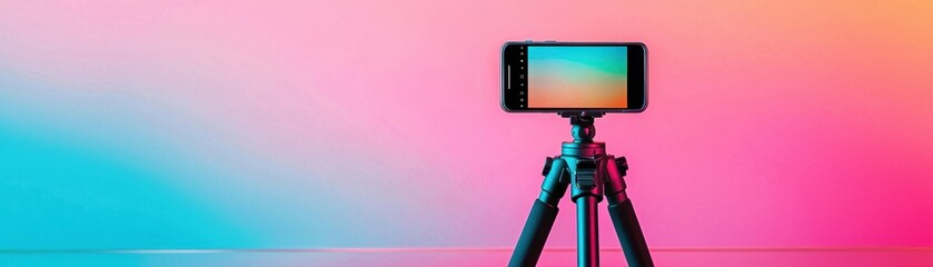 A smartphone on a tripod displaying a colorful gradient background.